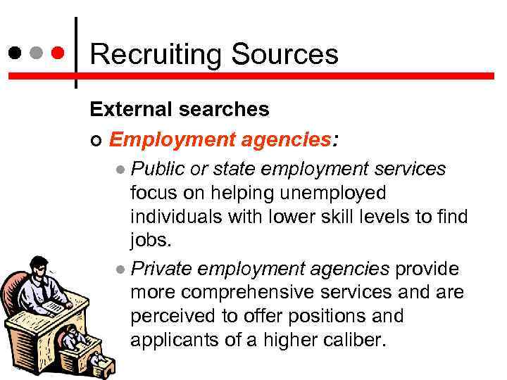 Recruiting Sources External searches Employment agencies: Public or state employment services focus on helping