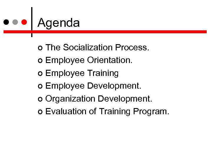 Agenda The Socialization Process. Employee Orientation. Employee Training Employee Development. Organization Development. Evaluation of