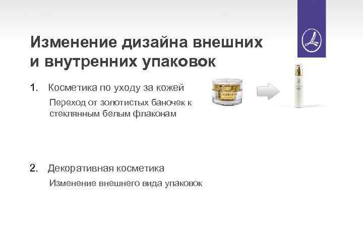 Изменение дизайна внешних и внутренних упаковок 1. Косметика по уходу за кожей Переход от