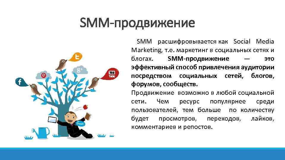 SMM-продвижение SMM расшифровывается как Social Media Marketing, т. е. маркетинг в социальных сетях и
