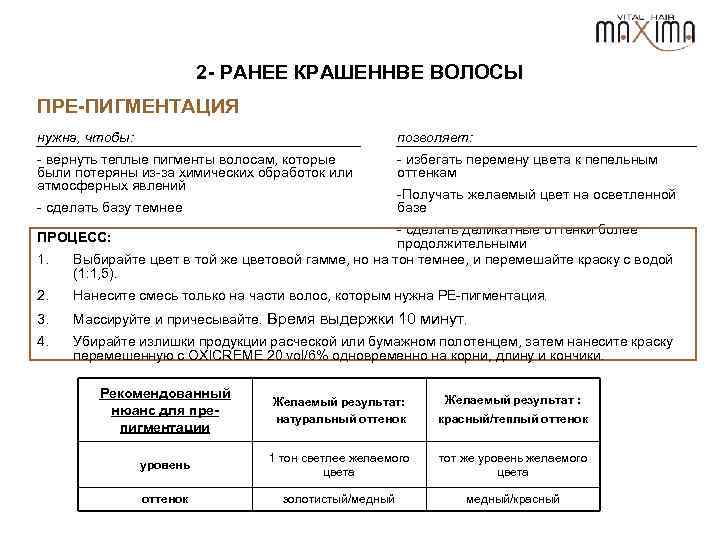 2 - РАНЕЕ КРАШЕННВЕ ВОЛОСЫ ПРЕ-ПИГМЕНТАЦИЯ нужна, чтобы: позволяет: - вернуть теплые пигменты волосам,