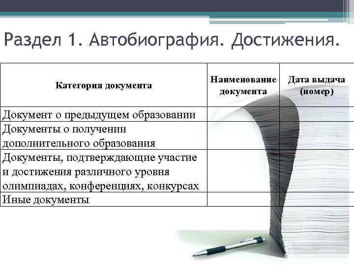 Раздел 1. Автобиография. Достижения. Категория документа Документ о предыдущем образовании Документы о получении дополнительного