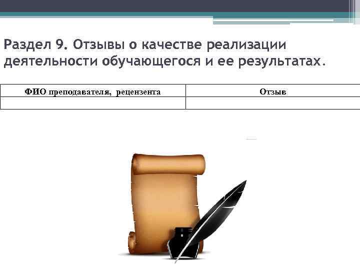 Раздел 9. Отзывы о качестве реализации деятельности обучающегося и ее результатах. ФИО преподавателя, рецензента