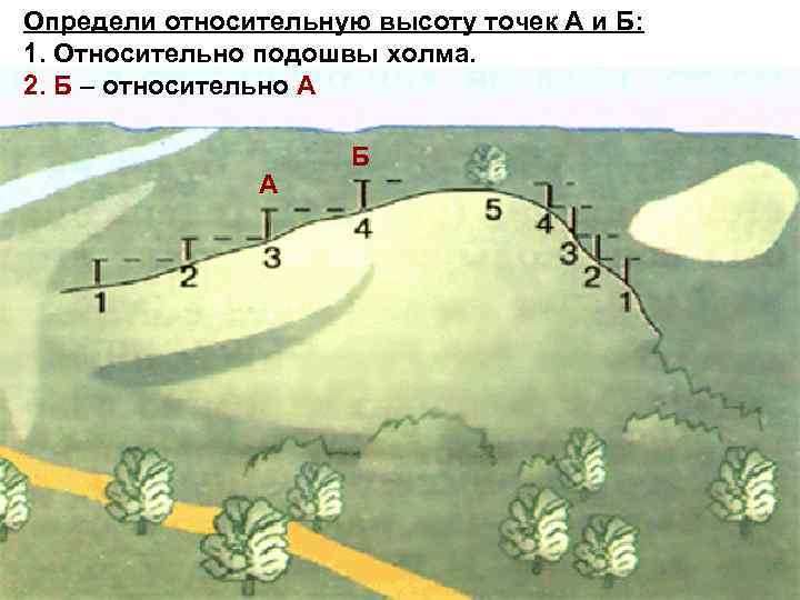 Определи относительную высоту точек А и Б: 1. Относительно подошвы холма. 2. Б –