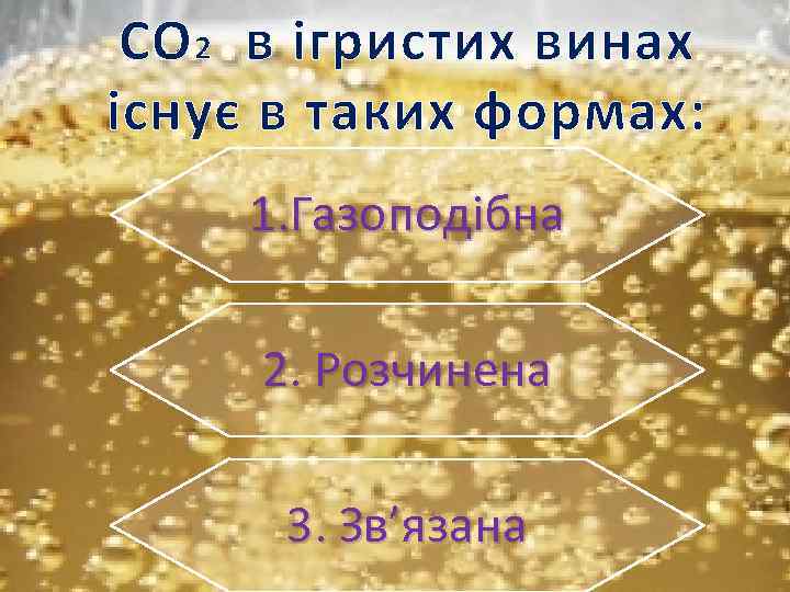 СO 2 в ігристих винах існує в таких формах: 1. Газоподібна 2. Розчинена 3.