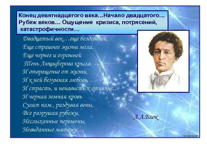 Конец девятнадцатого века…Начало двадцатого… Рубеж веков… Ощущение кризиса, потрясений, катастрофичности… Двадцатый век…еще бездомней, Еще