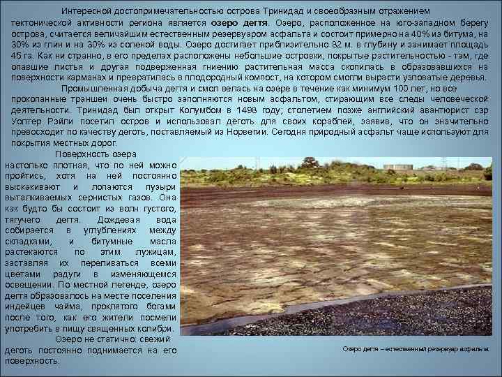 Интересной достопримечательностью острова Тринидад и своеобразным отражением тектонической активности региона является озеро дегтя. Озеро,