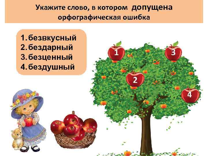 Укажите слово, в котором допущена орфографическая ошибка 1. безвкусный 2. бездарный 3. безценный 4.