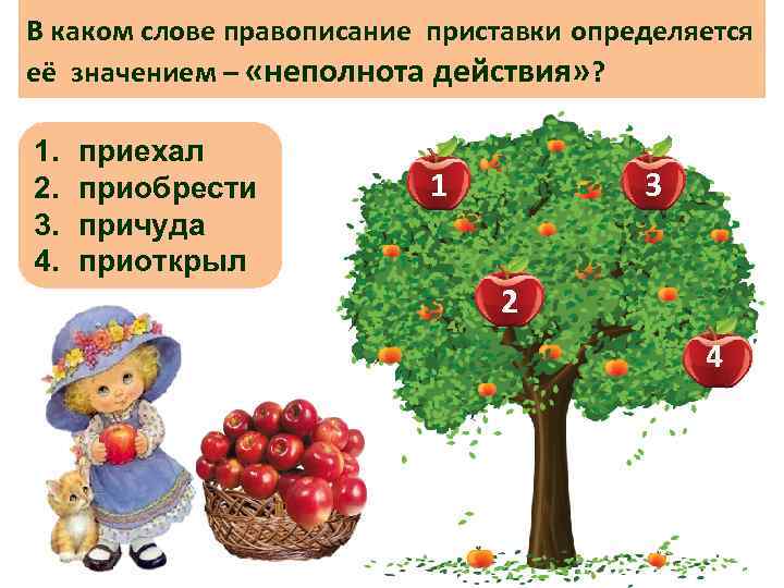 В каком слове правописание приставки определяется её значением – «неполнота действия» ? 1. 2.