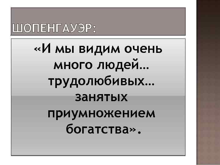 ШОПЕНГАУЭР: «И мы видим очень много людей… трудолюбивых… занятых приумножением богатства» . 