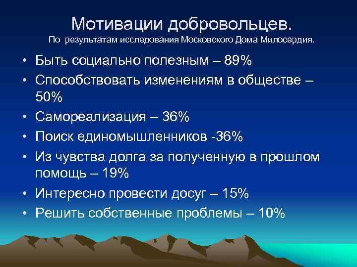 Мотивации добровольцев. По результатам исследования Московского Дома Милосердия. • Быть социально полезным – 89%