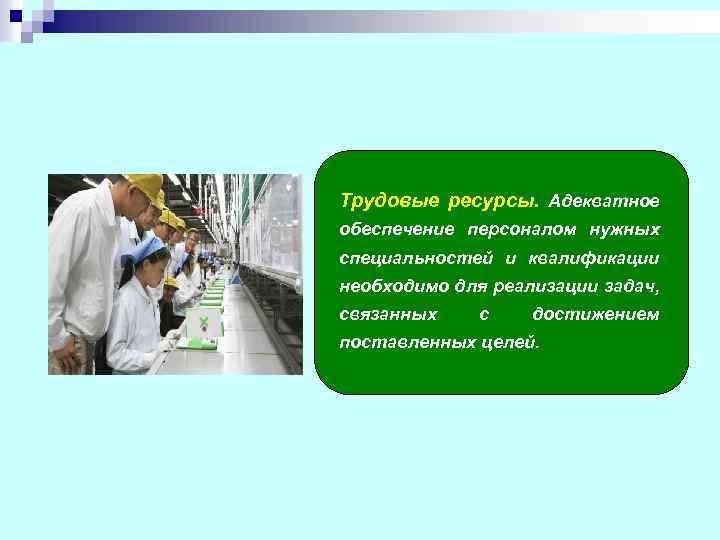 Трудовые ресурсы. Адекватное обеспечение персоналом нужных специальностей и квалификации необходимо для реализации задач, связанных