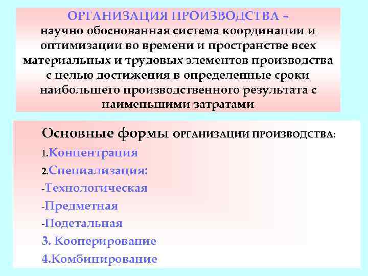 ОРГАНИЗАЦИЯ ПРОИЗВОДСТВА – научно обоснованная система координации и оптимизации во времени и пространстве всех