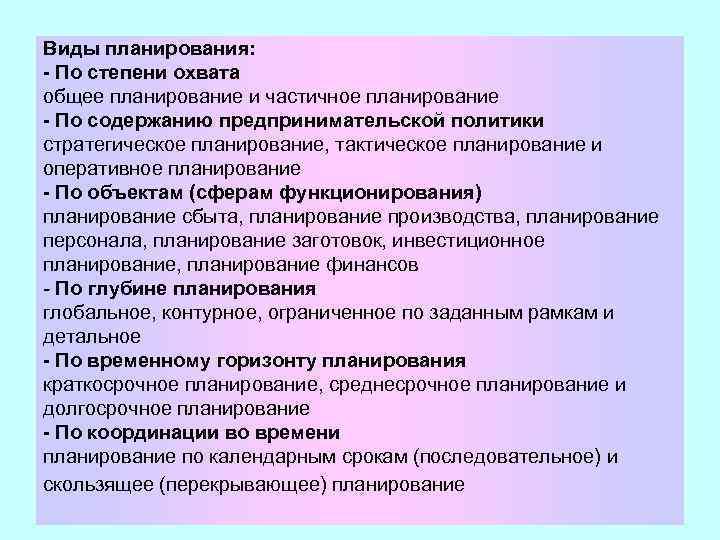 Виды планирования: - По степени охвата общее планирование и частичное планирование - По содержанию