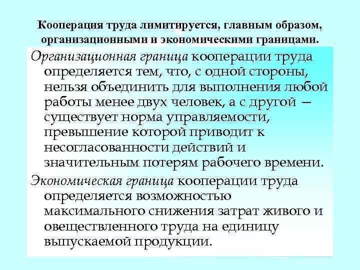 Кооперация труда лимитируется, главным образом, организационными и экономическими границами. Организационная граница кооперации труда определяется