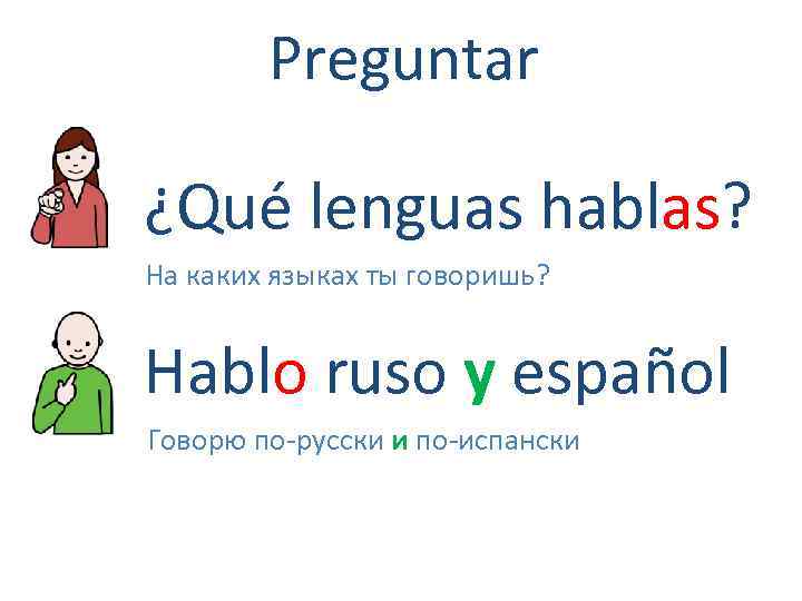 Preguntar ¿Qué lenguas hablas? На каких языках ты говоришь? Hablo ruso y español Говорю