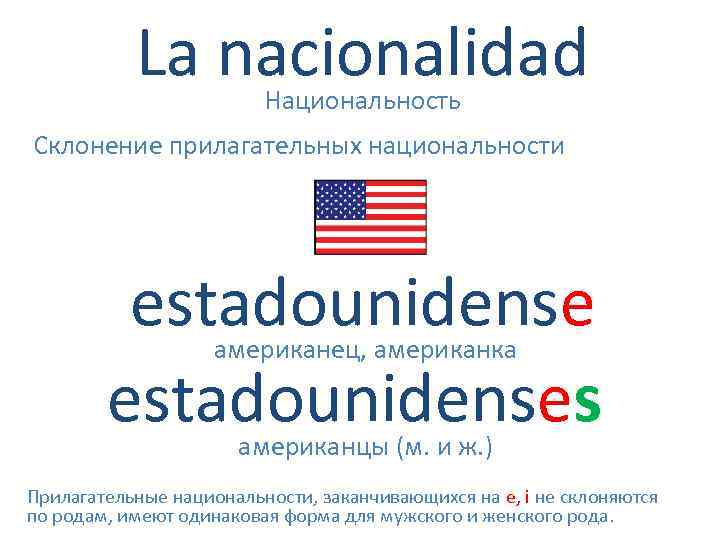 La nacionalidad Национальность Склонение прилагательных национальности estadounidenses американец, американка американцы (м. и ж. )