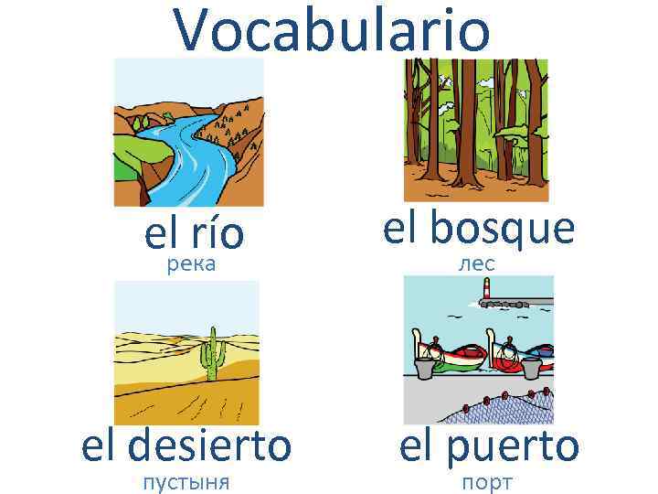 Vocabulario el río река el bosque el desierto el puerto пустыня лес порт 