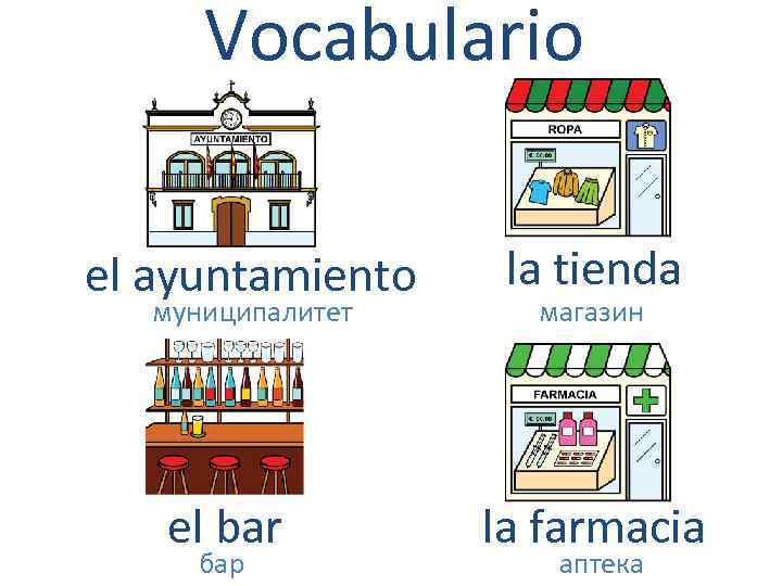 Vocabulario el ayuntamiento муниципалитет el bar бар la tienda магазин la farmacia аптека 