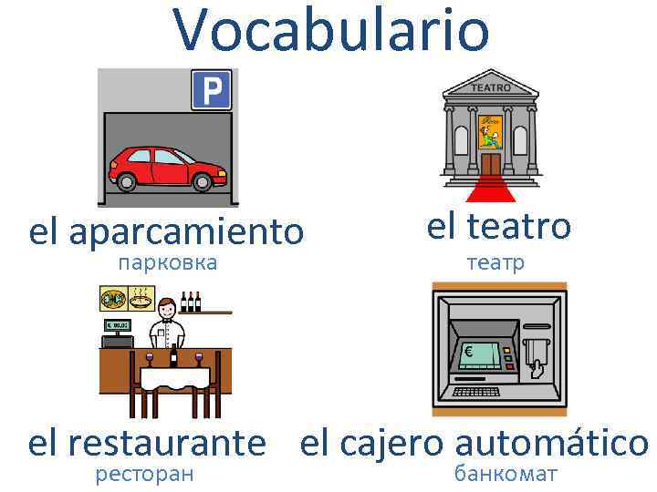 Vocabulario el aparcamiento парковка el teatro театр el restaurante el cajero automático ресторан банкомат
