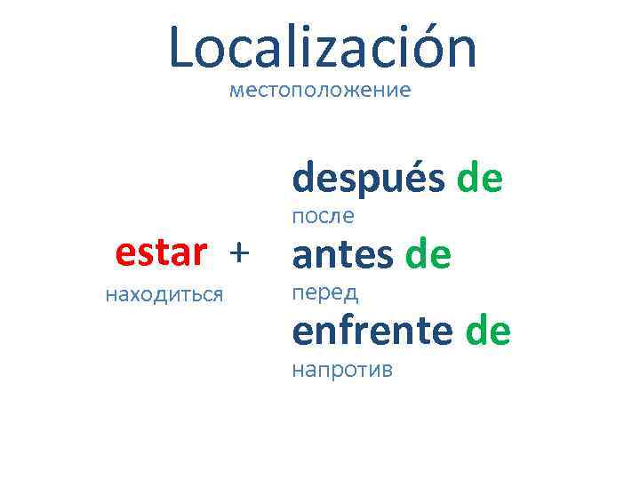 Localización местоположение después de после estar + antes de находиться перед enfrente de напротив