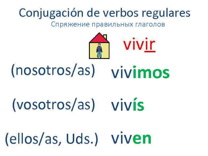 Conjugación de verbos regulares Спряжение правильных глаголов vivir (nosotros/as) vivimos (vosotros/as) vivís (ellos/as, Uds.