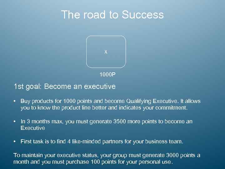 The road to Success X 1000 P 1 st goal: Become an executive •