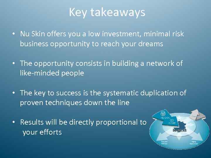 Key takeaways • Nu Skin offers you a low investment, minimal risk business opportunity