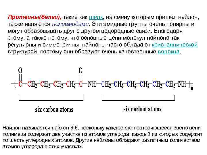 Протеины(белки), такие как шелк, на смену которым пришел найлон, также являются полиамидами. Эти амидные