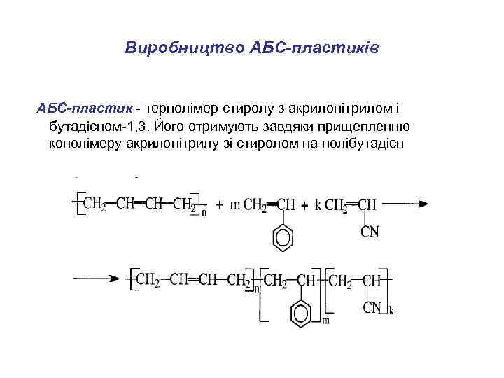 Виробництво АБС-пластиків АБС-пластик - терполімер стиролу з акрилонітрилом і бутадієном-1, 3. Його отримують завдяки