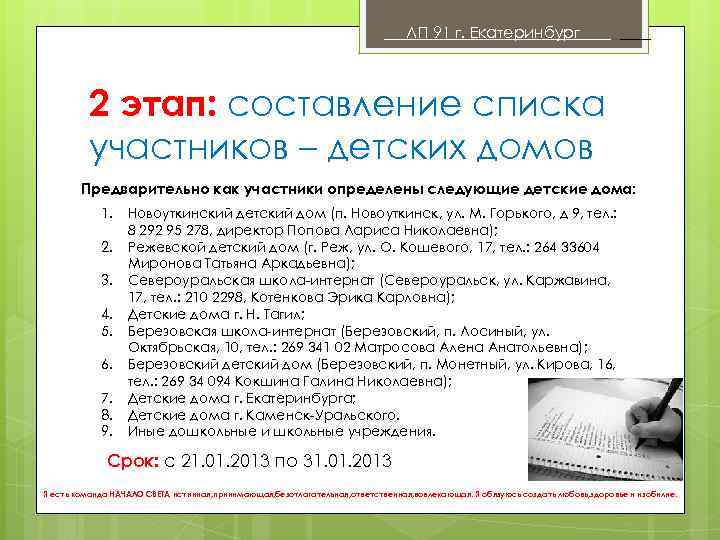 ЛП 91 г. Екатеринбург . 2 этап: составление списка участников – детских домов Предварительно