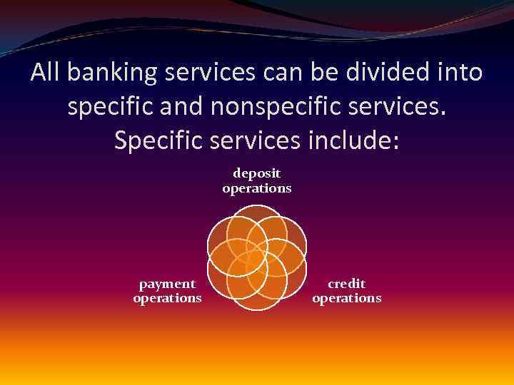 All banking services can be divided into specific and nonspecific services. Specific services include:
