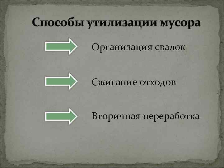 Способы утилизации мусора Организация свалок Сжигание отходов Вторичная переработка 