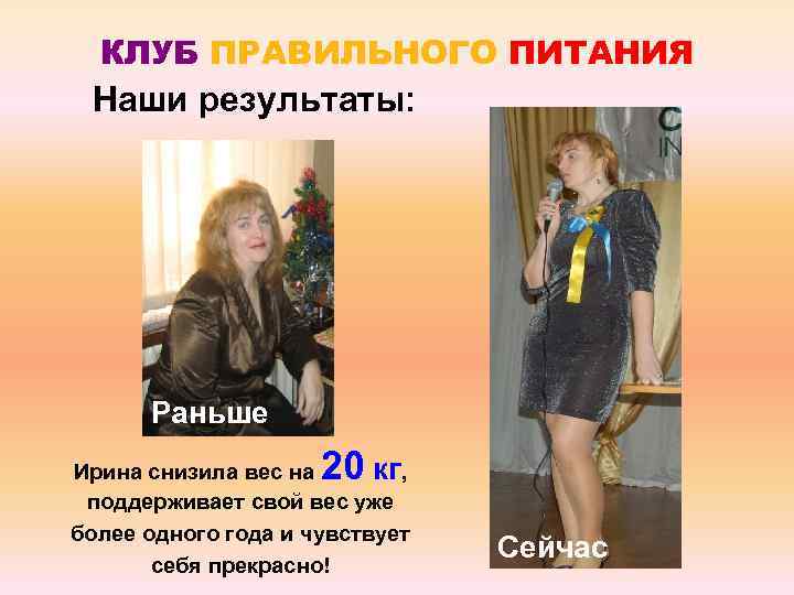 КЛУБ ПРАВИЛЬНОГО ПИТАНИЯ Наши результаты: Раньше 20 Ирина снизила вес на кг, поддерживает свой