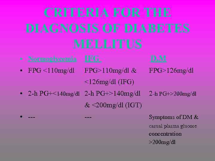 CRITERIA FOR THE DIAGNOSIS OF DIABETES MELLITUS • Normoglycemia IFG D. M • FPG