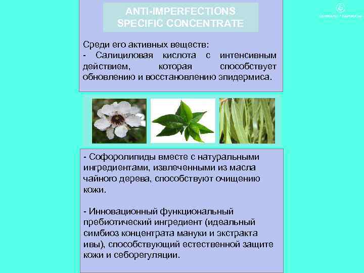 ANTI-IMPERFECTIONS SPECIFIC CONCENTRATE Среди его активных веществ: - Салициловая кислота с интенсивным действием, которая