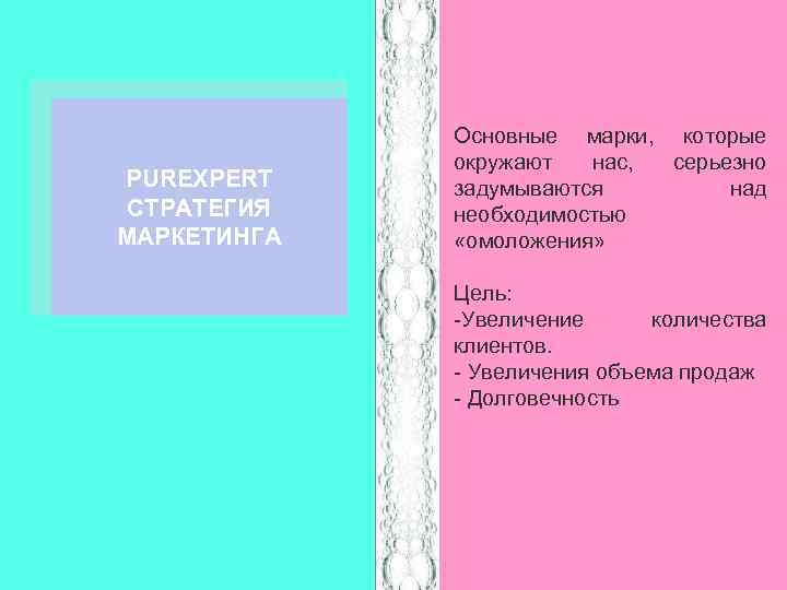 PUREXPERT СТРАТЕГИЯ МАРКЕТИНГА Основные марки, которые окружают нас, серьезно задумываются над необходимостью «омоложения» Цель: