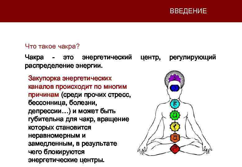 ВВЕДЕНИЕ Что такое чакра? Чакра - это энергетический распределение энергии. Закупорка энергетических каналов происходит