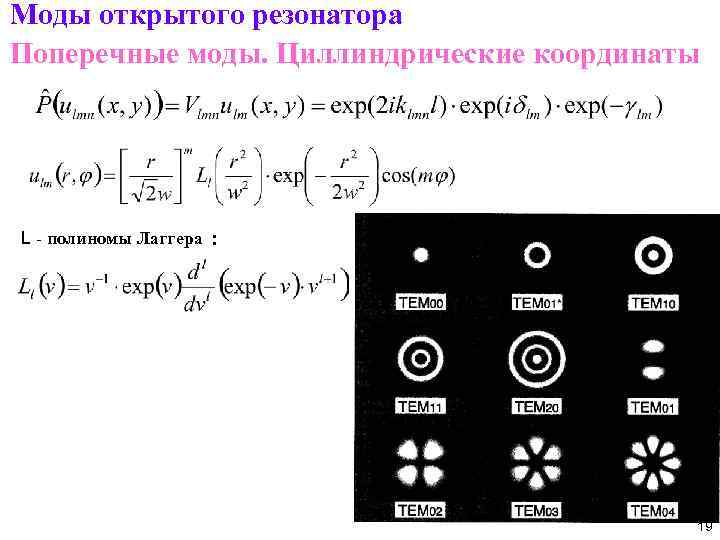 Моды открытого резонатора Поперечные моды. Циллиндрические координаты L - полиномы Лаггера : 19 