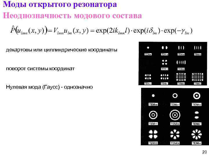 Моды открытого резонатора Неоднозначность модового состава декартовы или циллиндрические координаты поворот системы координат Нулевая