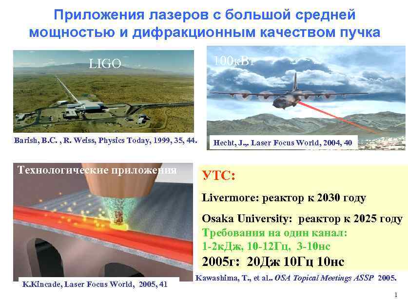 Приложения лазеров с большой средней мощностью и дифракционным качеством пучка 100 к. Вт LIGO