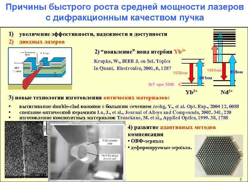 Причины быстрого роста средней мощности лазеров с дифракционным качеством пучка 1) увеличение эффективности, надежности