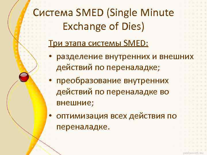 Система SMED (Single Minute Exchange of Dies) Три этапа системы SMED: • разделение внутренних