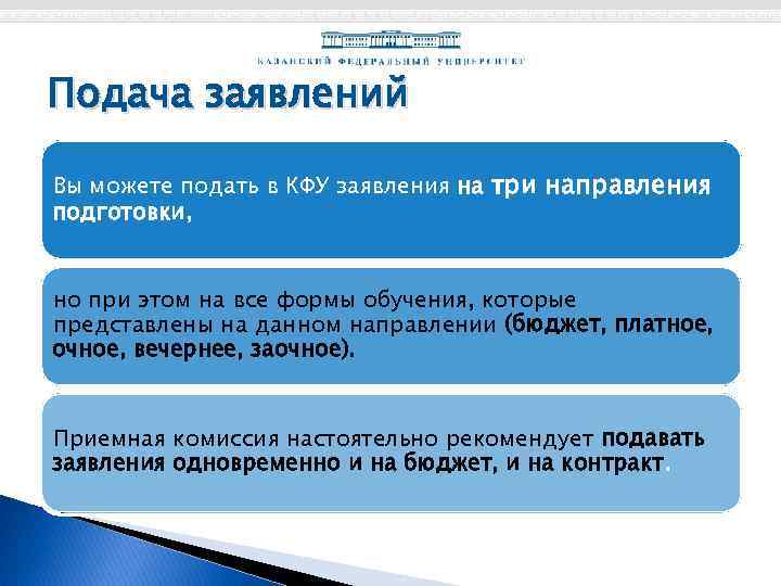Подача заявлений Вы можете подать в КФУ заявления на три направления подготовки, но при