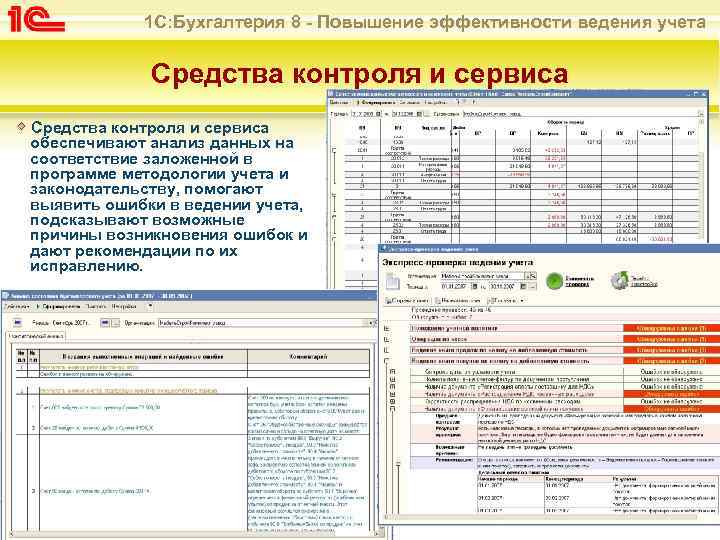 1 С: Бухгалтерия 8 - Повышение эффективности ведения учета Средства контроля и сервиса обеспечивают