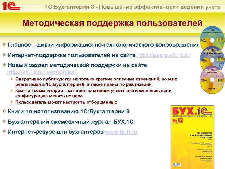 1 С: Бухгалтерия 8 - Повышение эффективности ведения учета Методическая поддержка пользователей Главное –