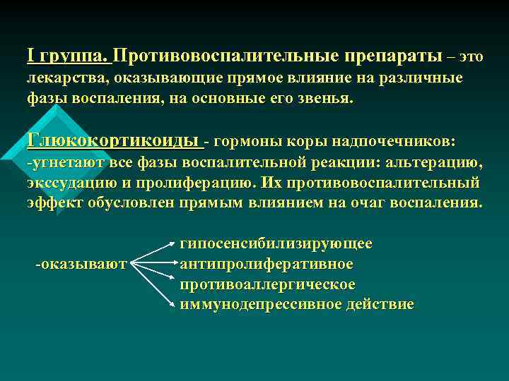 І группа. Противовоспалительные препараты – это лекарства, оказывающие прямое влияние на различные фазы воспаления,