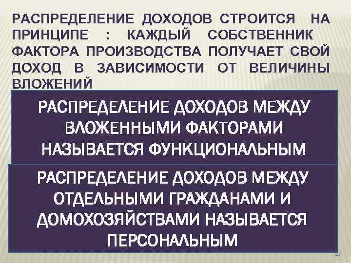 РАСПРЕДЕЛЕНИЕ ДОХОДОВ СТРОИТСЯ НА ПРИНЦИПЕ : КАЖДЫЙ СОБСТВЕННИК ФАКТОРА ПРОИЗВОДСТВА ПОЛУЧАЕТ СВОЙ ДОХОД В