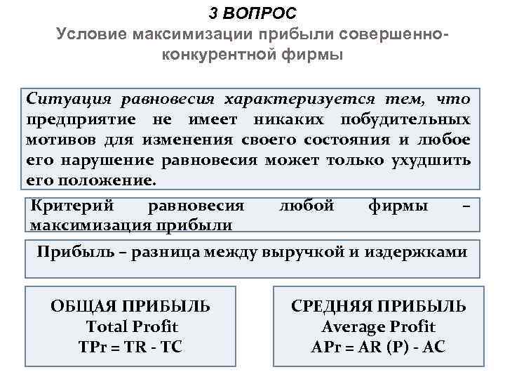 3 ВОПРОС Условие максимизации прибыли совершенноконкурентной фирмы Ситуация равновесия характеризуется тем, что предприятие не