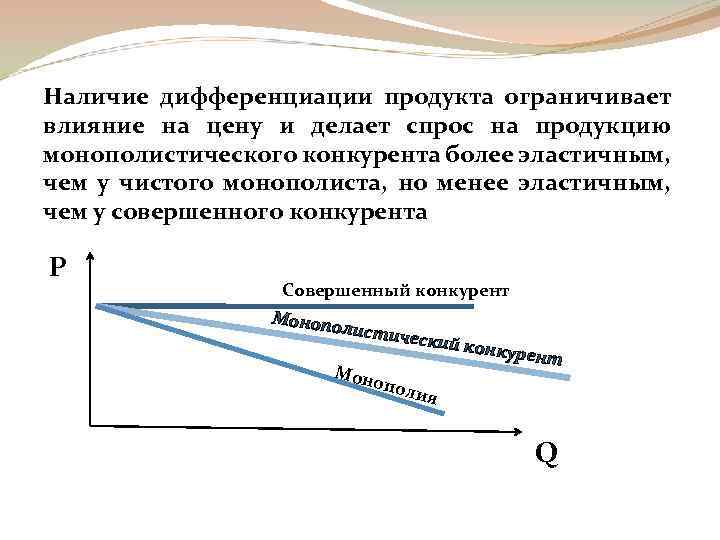 Наличие дифференциации продукта ограничивает влияние на цену и делает спрос на продукцию монополистического конкурента